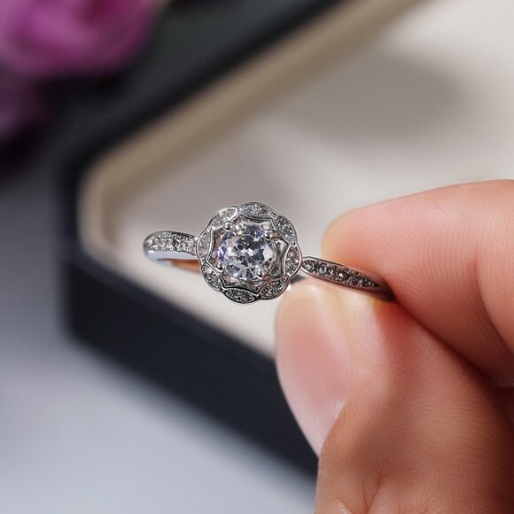 🌸Diamond CZ Beautiful Carved Vintage Hollow Silver Flower Rings for Women, K848 - Picture 7 of 10